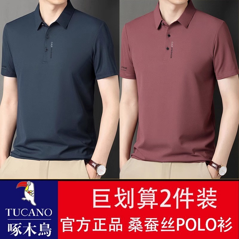 キツツキアイスシルクメンズ半袖Tシャツ夏の新しいラペルルーズカジュアルアイスシルクポロTシャツトレンディ|undefined