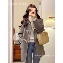牛角扣灰色呢子大衣女2025年秋冬季新款毛呢外套感小个子加厚欧美