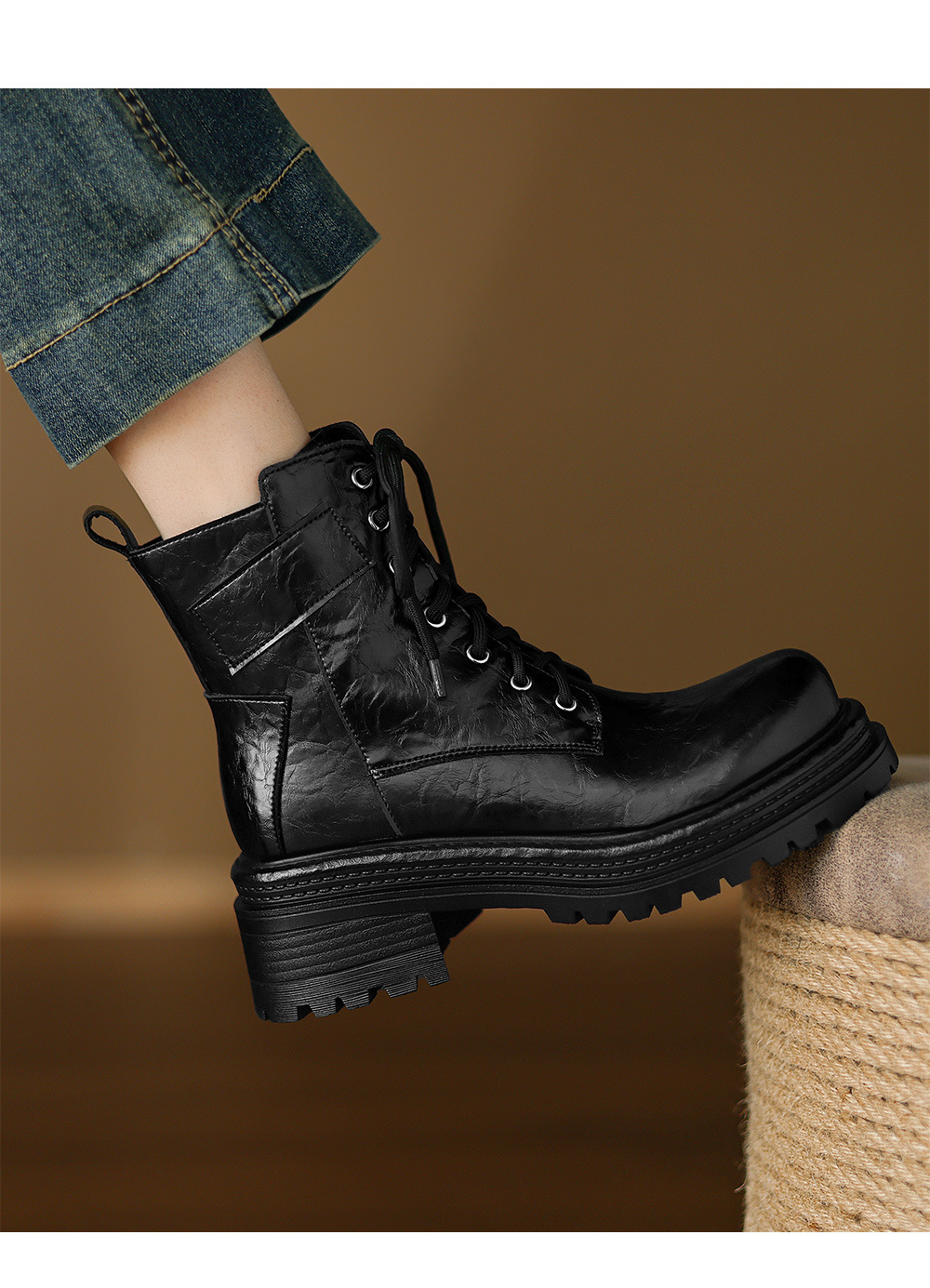 Boot Martin nữ gót dày buộc dây đế tăng chiều cao phong cách Maillard thu đông 2025 — Lớp lót nhung đen, Nhung nâu, Lớp lót đơn màu đen, Lớp lót đơn màu nâu chi tiết 11