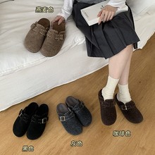 羊毛版~复古厚底勃肯鞋女新款秋冬外穿懒人一脚蹬毛呢包头半拖鞋