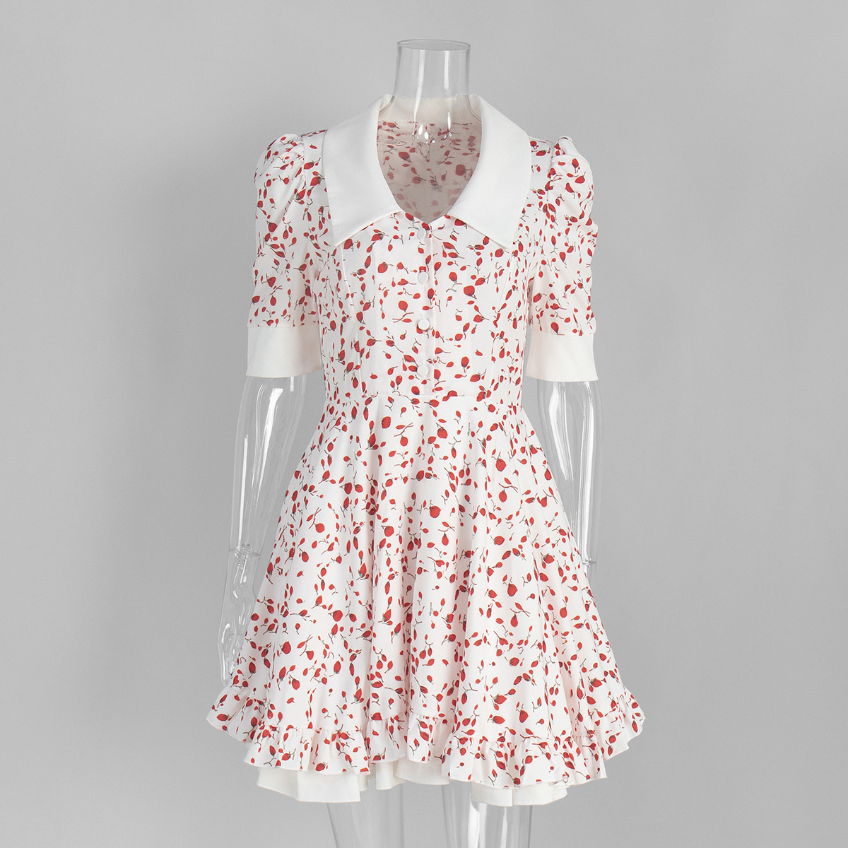 V-neck Printed Dress For Women, European And American Summer New Style, Bubble Sleeve Short Skirt_ecoleips.com