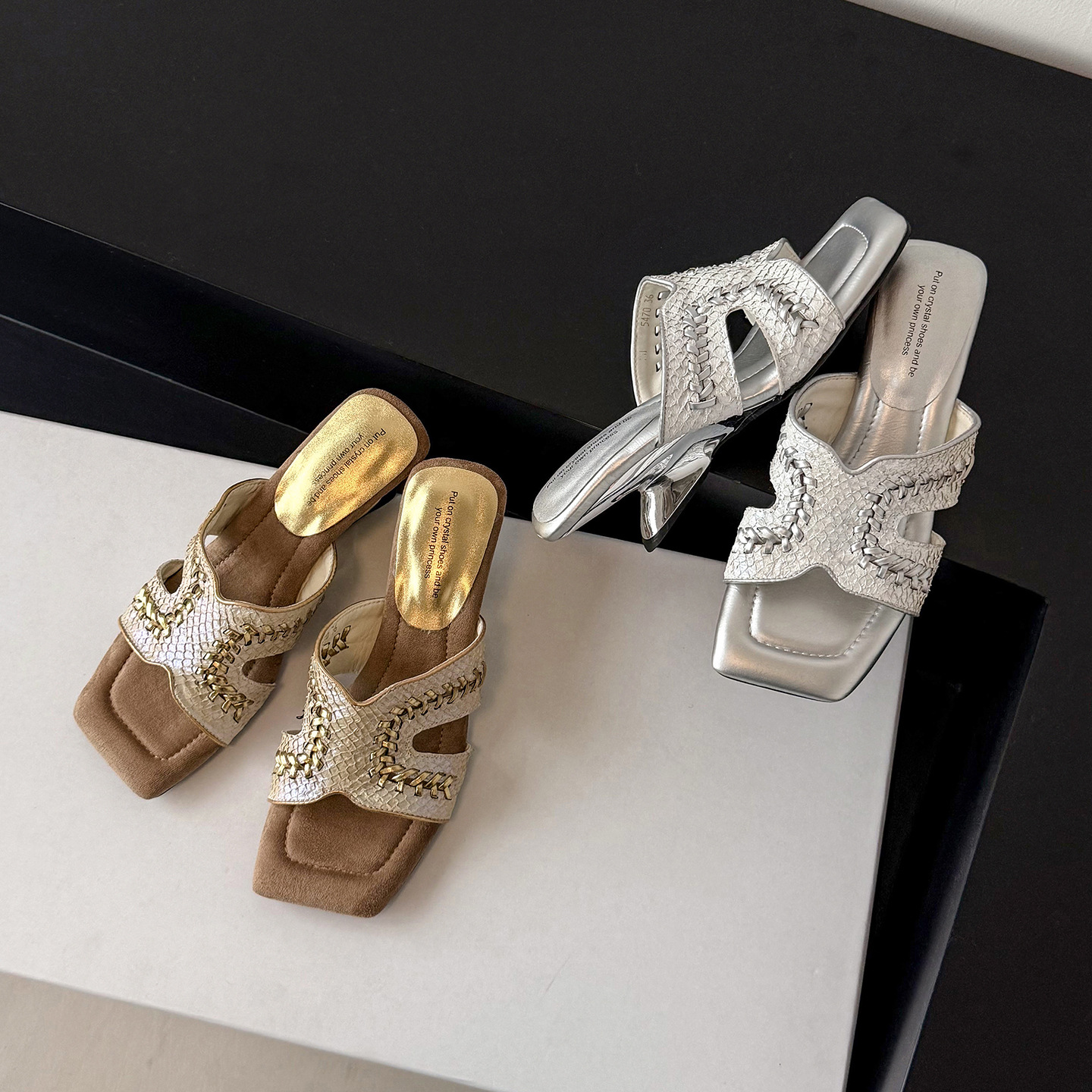 Sandal cao gót nữ mũi vuông kiểu Pháp, đế xuồng đan, quai ngang hở mũi, màu vàng champagne — 5451 Vàng Champagne