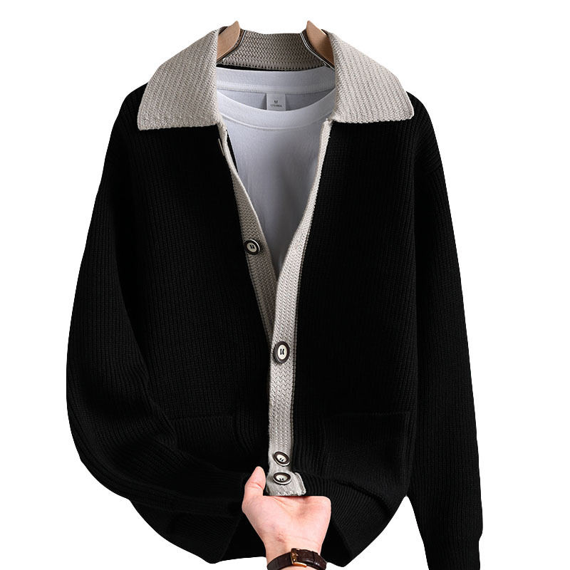 Color contrastante camiseta de punto hombre otoño invierno cardigan suelto marca de moda de hombre alta sensación casual abrigo con solapa suéter