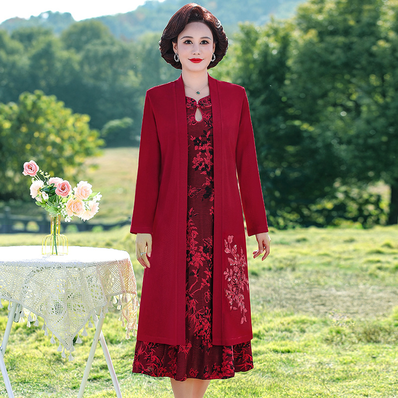 妈妈春装中国风红色喜庆旗袍连衣裙两件套中老年女装喜婆婆婚宴装