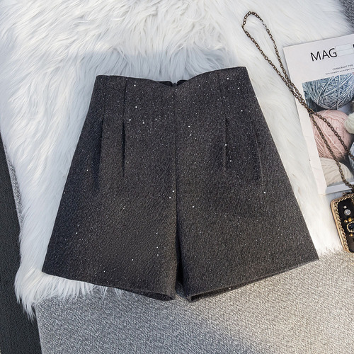 Designer-styled rhinestone wool shorts for women, winter petite shiny wide-leg bootcut pants, loose high-waisted A-line