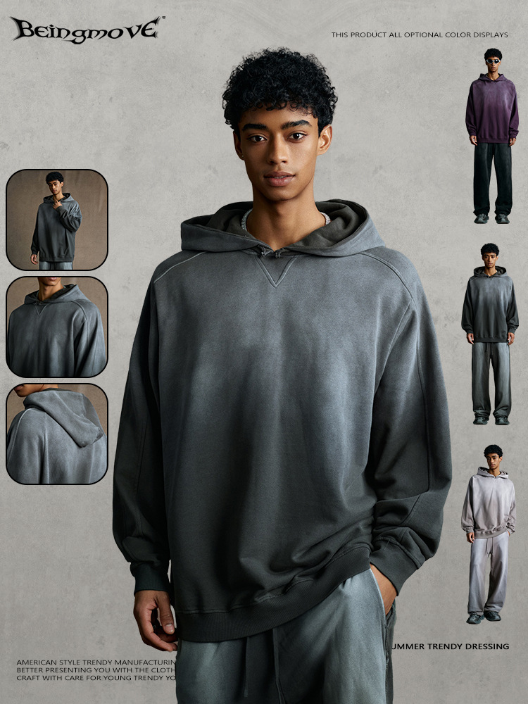 Calle secada| 2025 otoño marca de moda americana en la industria pesada lavado con agua pulverizado de caballo cortado gradualmente sudadera con capuz para hombre