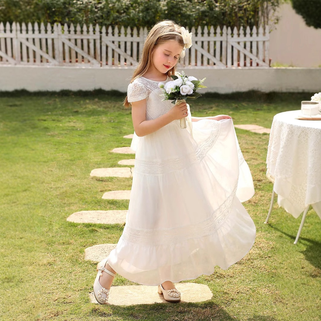Vestido de princesa para niñas, vestido blanco elegante de manga corta, vestido largo, ropa infantil transfronteriza, vestido de niña para actuaciones, vestido de niña de las flores, vestido de boda