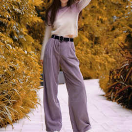 ba&*家 25秋冬新款 时尚通勤百搭纯棉灯芯绒薰衣草紫色阔腿直筒裤