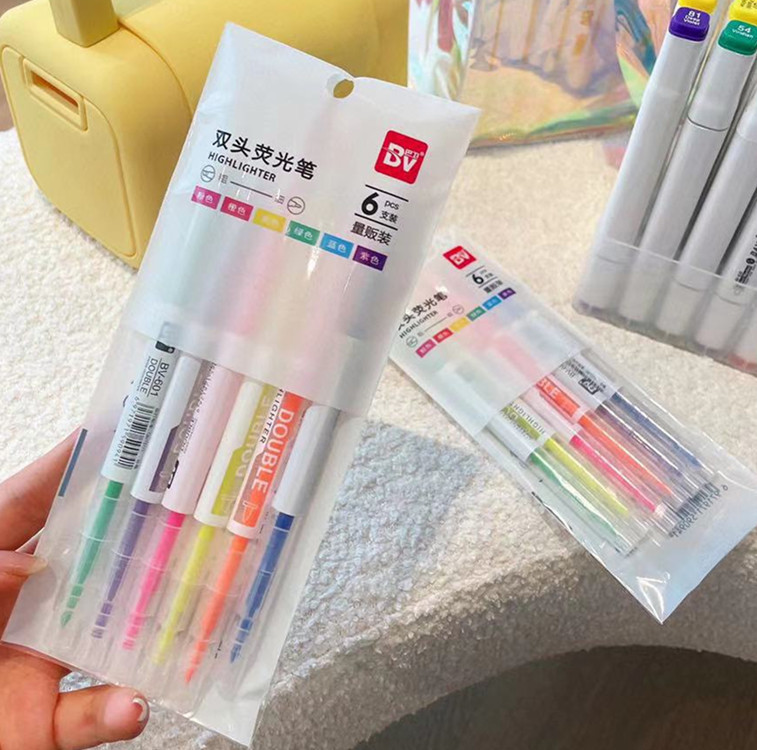 bv荧光笔六色双头BV荧光笔学生划线标记笔马卡龙创意记号笔套装批|ms