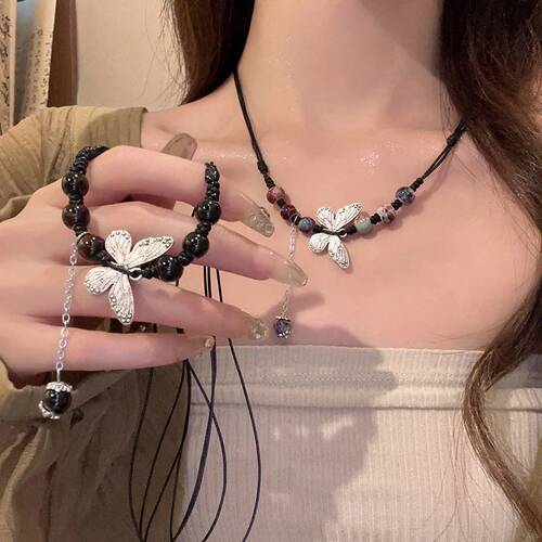 National Style Butterfly Beaded Necklace Women's Light Luxury Niche New Chinese Design  New Clavicle Chain Trend