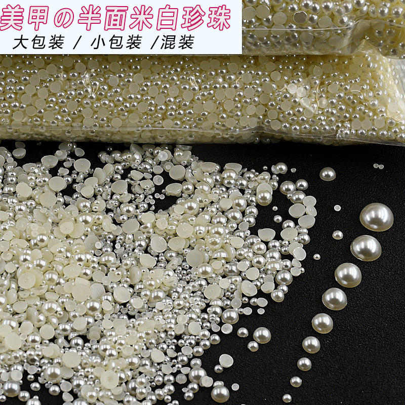 Mixed Batch of Off-White Half-Round Pearls, Flat-Bottomed Pearls for Nail Art Diy, Yiwu Mini Nail Art Accessories