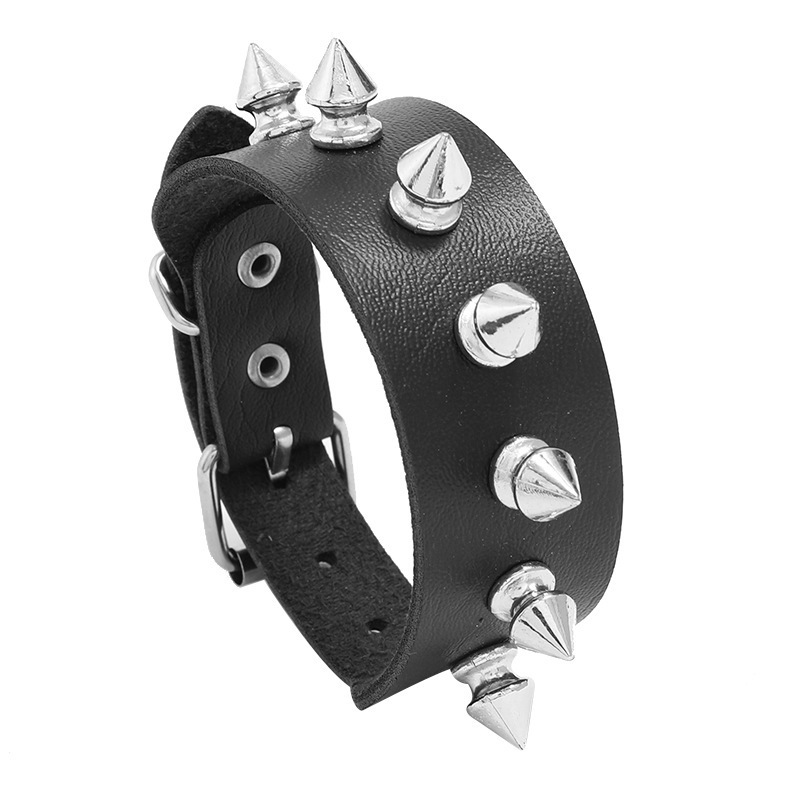 European and American Punk Hip-Hop Style Black Leather Studded Bracelet, Personalized Fashion Spiked Men's Trendy Wide Bracelet