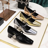 5288-K89 Wind Banquet Women's Shoes Metal Water Diamond Buckle Strap Medium Thick Heel Shallow Mouth Square Heel Women's Single Shoes