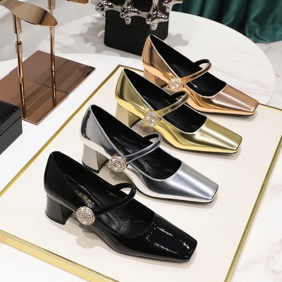 5288-K89 European and American style banquet women&apos;s shoes with metal rhinestone buckle, straight strap, medium thi