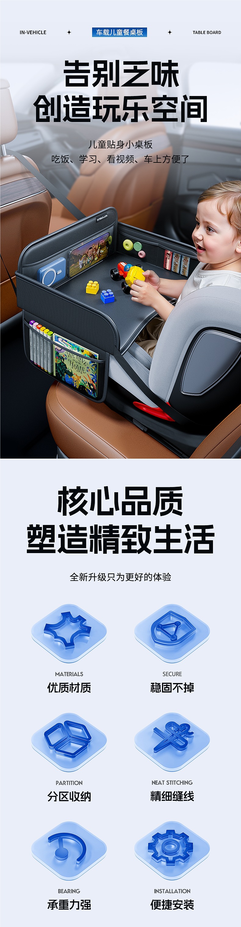 Car-Mounted Child Safety Seat Tray, Car Baby Dining Table, Rear Seat Entertainment Table for Kids, Travel Play Table Board