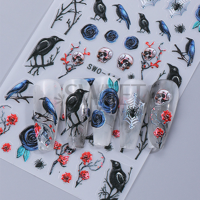 Nuevas pegatinas de uñas de Halloween al por mayor en relieve pájaro carpintero tridimensional rosa oscura calavera pegatinas de uñas transfronterizo