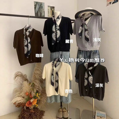 2025早秋新款韩版时尚百搭显瘦高腰休闲百搭短袖针织开衫配丝巾