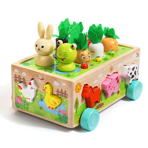 Wooden Farm Orchard Shape Matching Pull Carrot Assembly Intelligence Box Wooden Fishing Bug Catching Educational Toy for Children