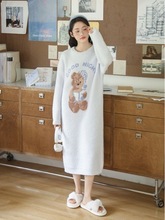 冬季新品日系甜美可爱帽子熊半边绒睡裙 保暖软绵绵圆领少女睡裙