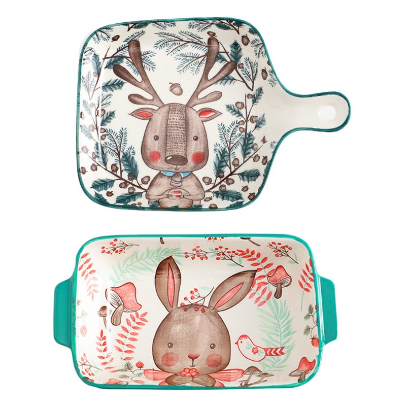 Placa de cerámica de dibujos animados lindo plato para hornear con mango restaurante hogar plato doble oreja placa de arroz al horno placa occidental al por mayor