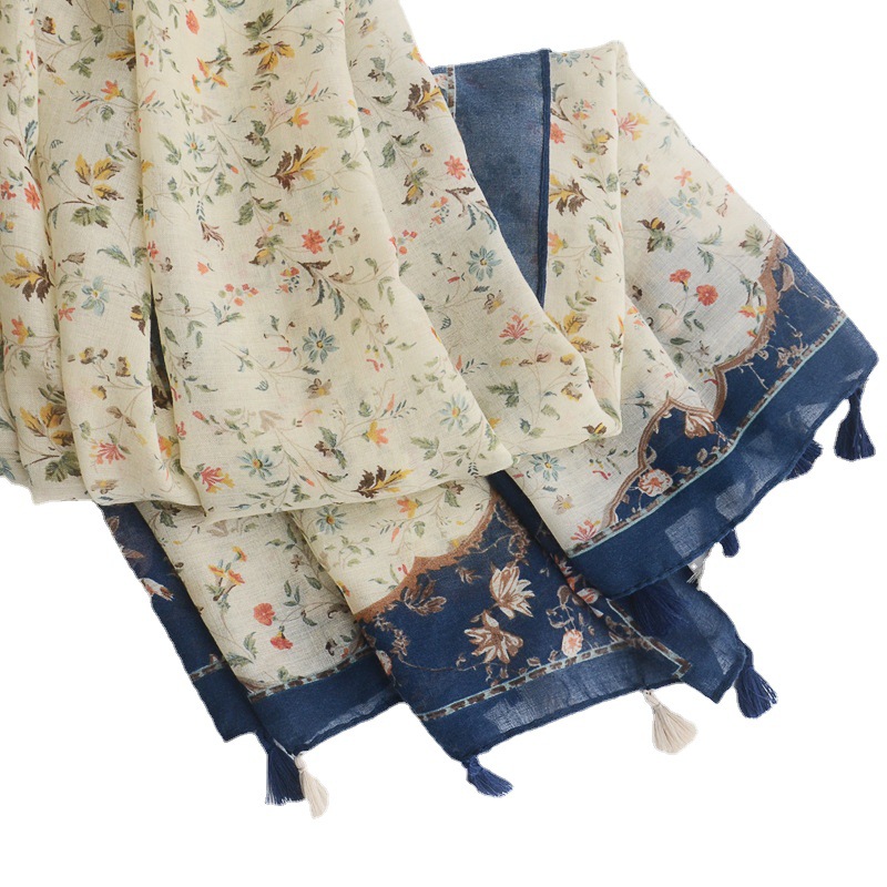 Nuevo japonés Mori chica floral fresco algodón y lino bufanda Super artístico todo partido decorativo bufanda viaje playa toalla para mujeres