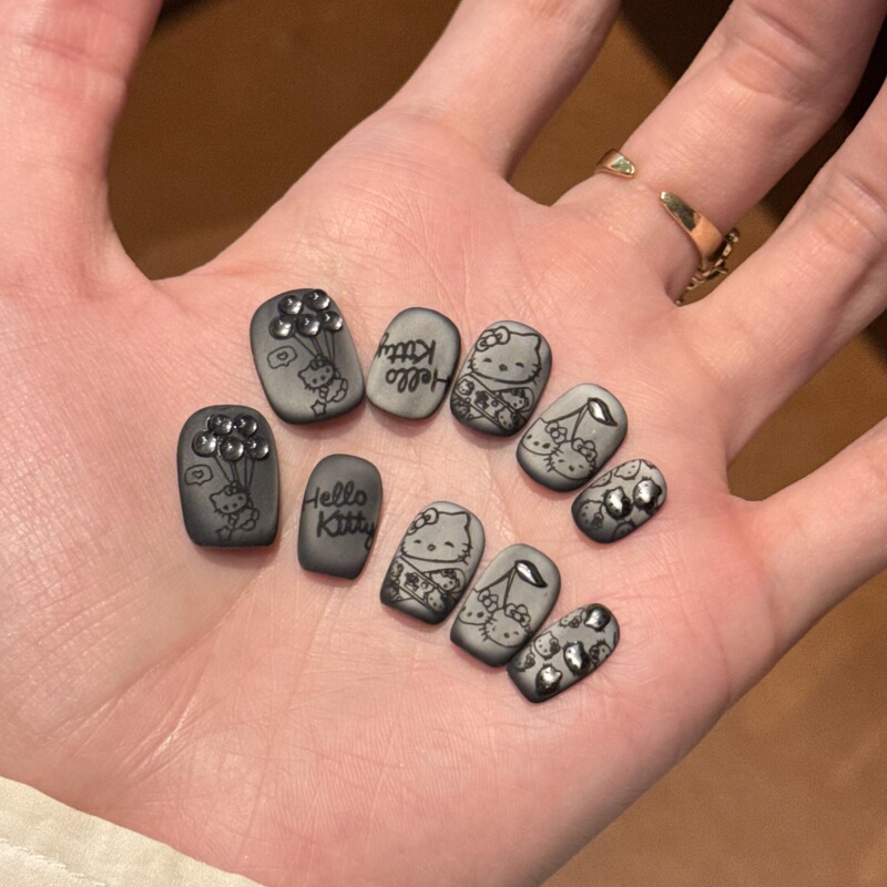 Black Matte Kt Cat Wearable Nails Cat Eye Cute Stereo Simple French Whitening Ins Style Handmade Manicure Short Style