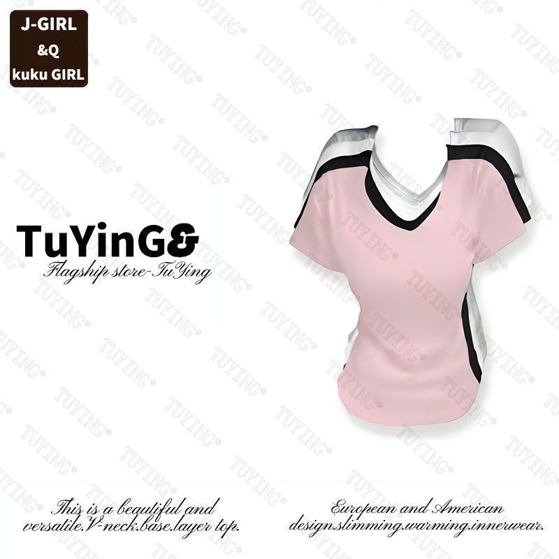 Summer 2025 New Pure Cotton Right Shoulder V Neck Short-Sleeved T-Shirt for Women to Wear Hot Girl Style Slimming Look Design Ins Top