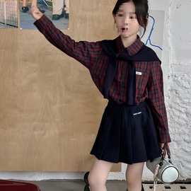 韩国女童红色格子衬衫套装2025秋季复古小众设计感披肩长袖套装潮