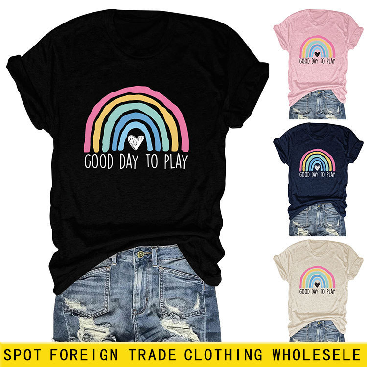 Amazon cross-border European and American fashion fun good day to play casual ladies round neck summer short sleeve Amazon cross-border European and American fashion fun good day to play casual ladies round neck summer short sleeve
