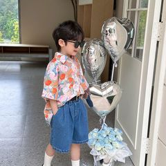 Boys summer cardigan Hong Kong style flower shirt 2023 new medium and large children retro short-sleeved handsome boy shirt top