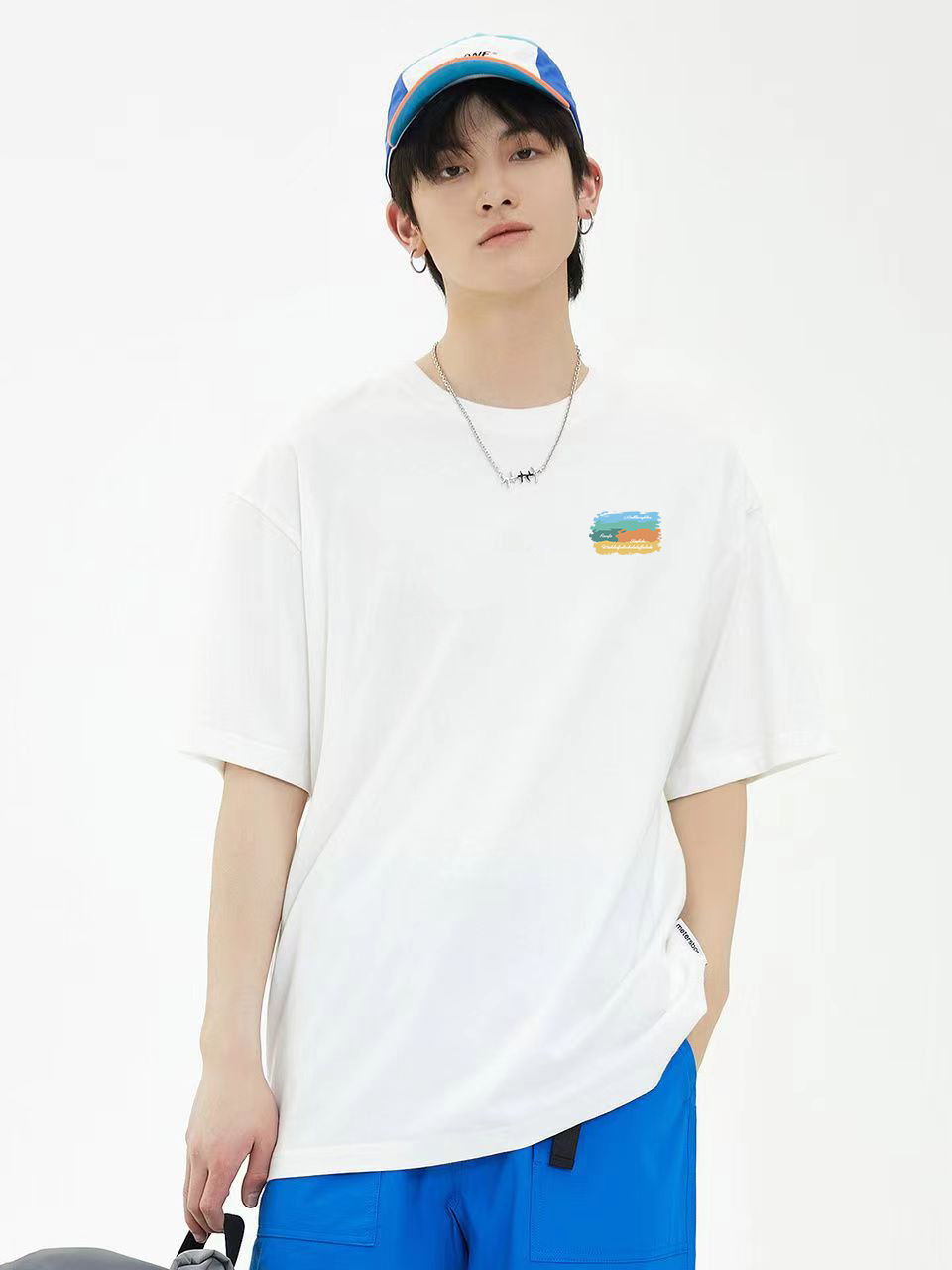 Hong Kong viento juvenil camiseta de verano de hombre blanco puro cuello redondo impresión multifacé casual vintage camiseta pareja