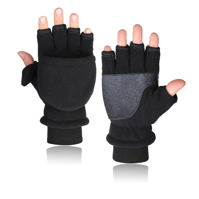 Hombres y mujeres de invierno de doble capa de forro polar cálido engrosado antideslizante dedo abierto medio dedo al aire libre polar pantalla táctil Flip guantes