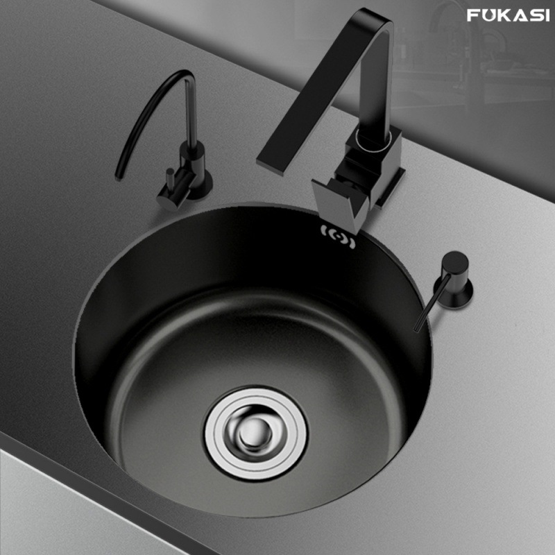 304 acero inoxidable cocina lavabo redondo lavabo único canal negro nano bar isla pequeña lavabo lavabo
