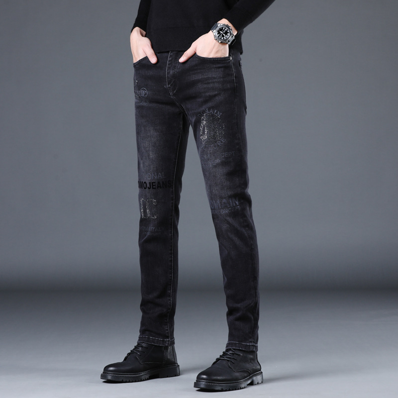 2022 Neue Herbst Strass Jeans Herren Slim Füße Schwarz Trend Herren Hosen Flut Marke_voghion.com