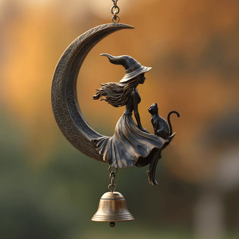 Spellbinding Witch & Black Cat Moon Bell Charm|undefined