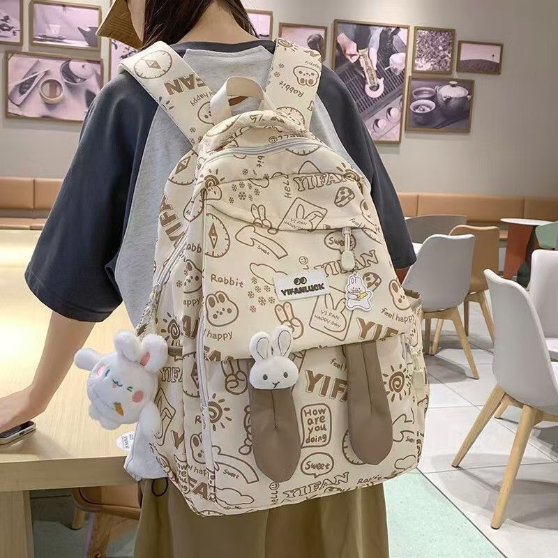 New Large-Capacity Graffiti Schoolbag Junior High School Student Backpack Cute Girl Design Rabbit Ear Back