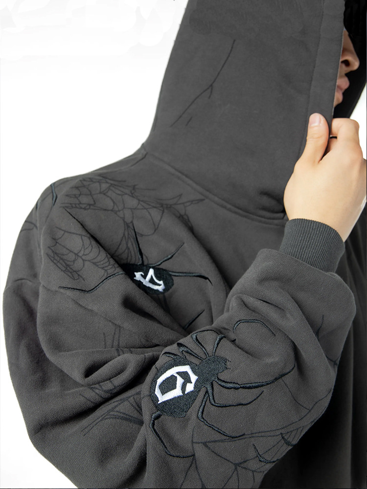 Gothic hoodie oversized met spinnenweb print voor heren_voghion.com