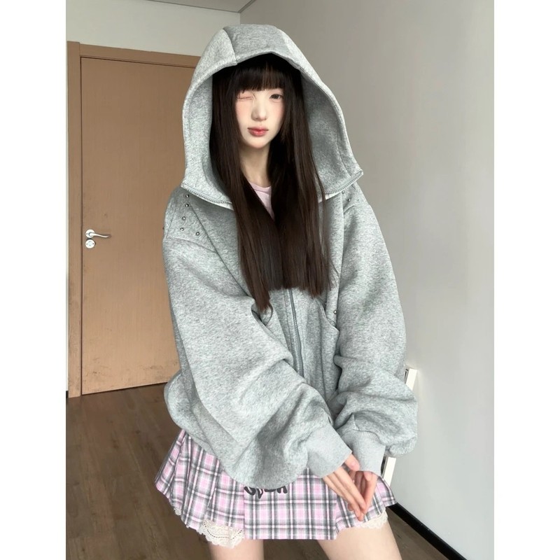 美式拼接铆钉杜宾犬耳朵连帽卫衣女款秋季甜酷设计休闲百搭短外套|undefined