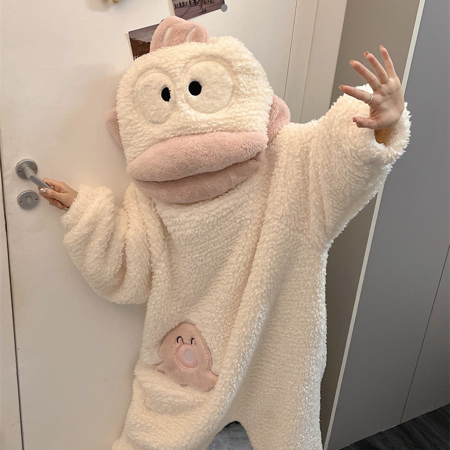 淘宝爆款鱼丸家同款大嘴丑鱼连体睡衣冬加厚保暖情侣搞怪卡通睡袍