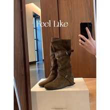牛皮版~平底内增高6骑士靴女交叉扣带褶皱长筒靴显瘦中筒靴子女