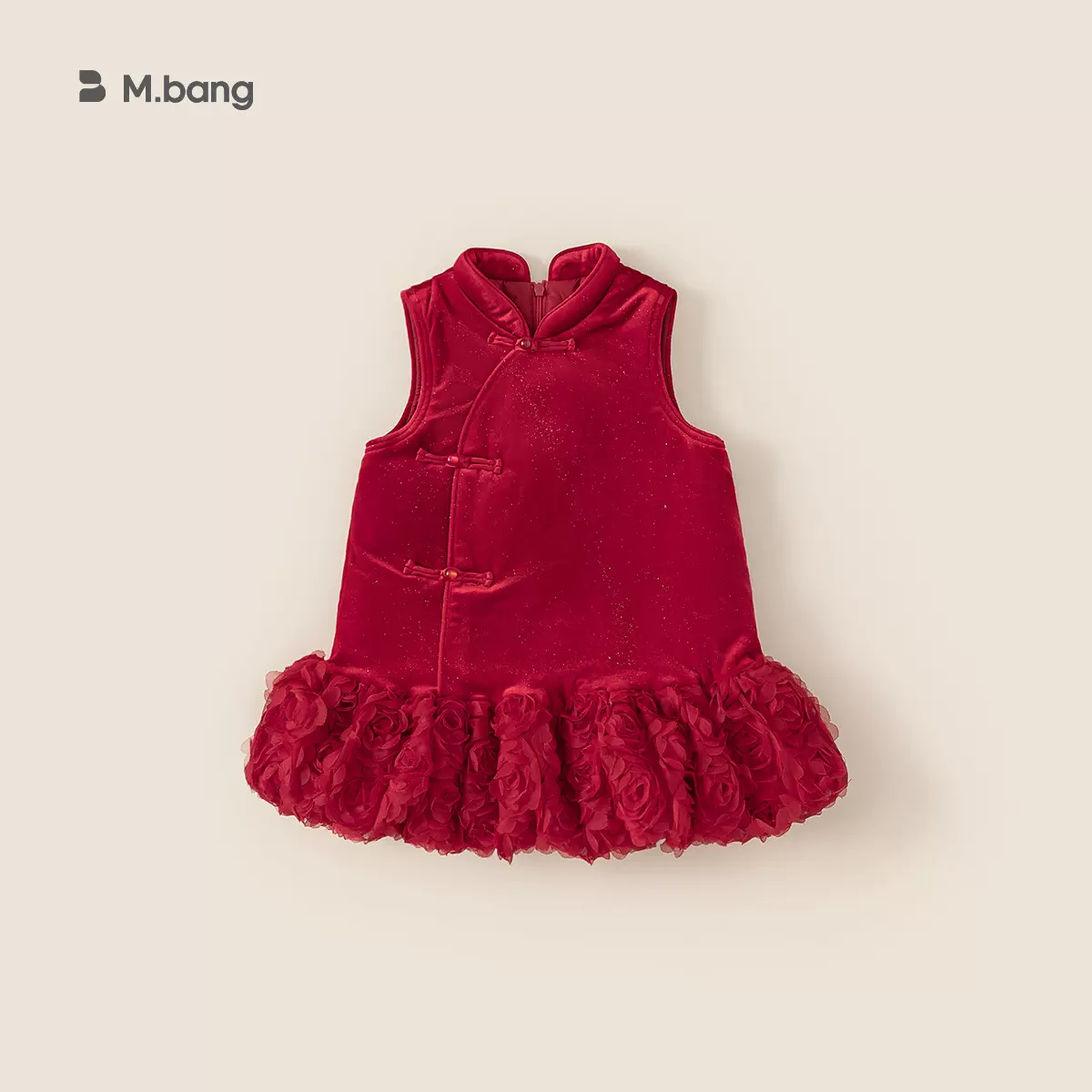 女童拜年服新中式冬季夹棉女宝宝国风网纱旗袍裙新年礼服背心裙