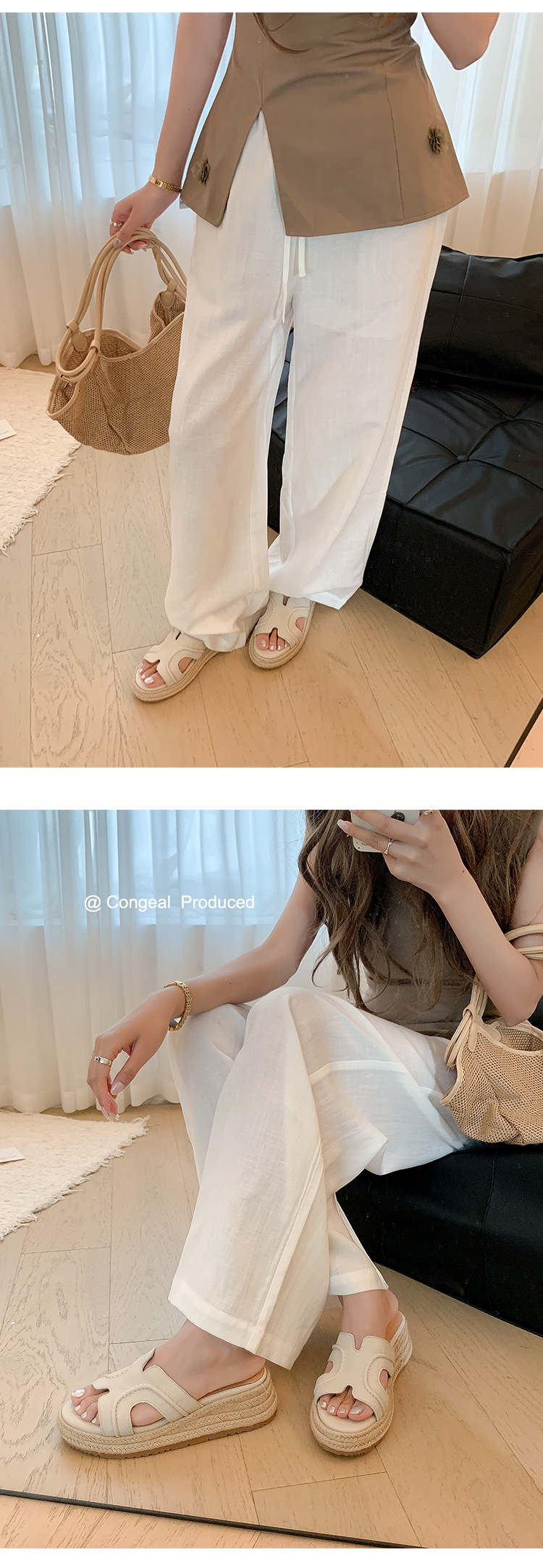 Dép sandal nữ quai chữ H đế đan rơm cao gót xuồng — màu trắng ngà, bạc chi tiết 22