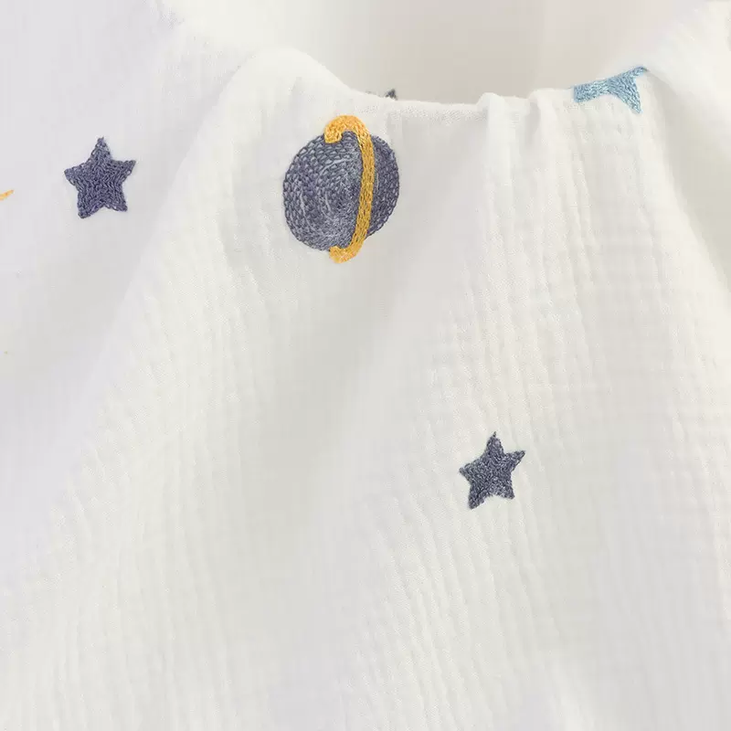 加工定制全棉绣花绉布双层刺绣星球纯棉绉布婴童纯棉服装面料