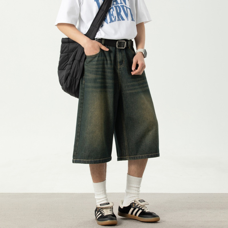 Washed Old Vintage Wide Leg Jeans Men's Summer Straight Pants Loose Casual Semi-elastic Cropped Shorts