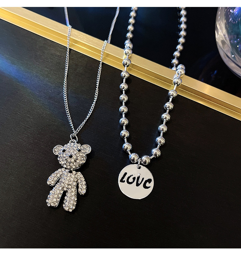 Fashion Bear Titanium Steel Plating Rhinestones Pendant Necklace 2 Pieces