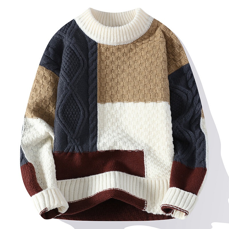 Men's Autumn and Winter Sweater, Youth Fashion Trendy Color-Blocking Versatile Base Knit Warm Top