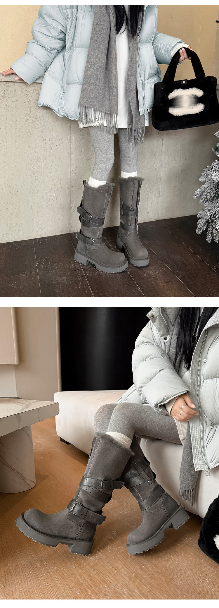 Boot tuyết nữ cổ cao lót lông cừu ấm áp đế dày khóa thắt lưng — màu kê chi tiết 19