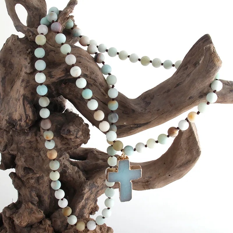 85g Weight Long Necklace Classification Natural Stone Chain Material Beaded Chain Chain Type 1 Piece Quantity Family Gathering, Date, Tea Party Occasion natural stone Material Cross Pattern Unisex Gender Bohemian Style Bohemian Cross Natural Stone Beaded Chain Long Necklace In Bulk 7