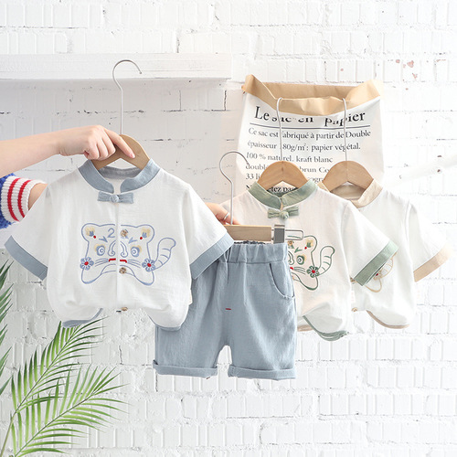 Boys' Summer Suit Set  New Trendy Korean Style Tangzhuang Short Sleeve Two-Piece Set Fashion Children's Baby Clothing