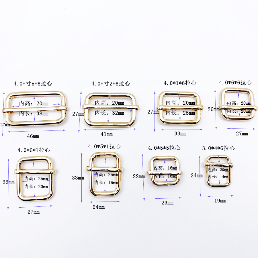Accesorios de ferretería de alta gama en stock: hebilla metálica en D, hebilla ajustable, hebilla de cable de hierro, correa para bolso de mujer, hebilla de tres niveles.